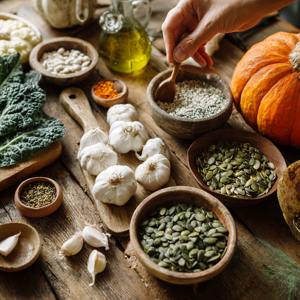 Variety of natural cleansing foods including garlic, pumpkin seeds and green leafy vegetables arranged on wooden table, middle-aged adults food preparation scene